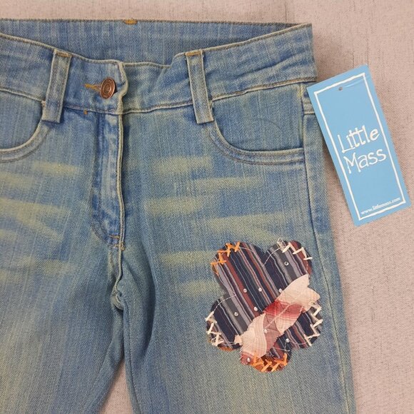 Little Mass Girls Outfit 4 White Graphic Top & Blue Patchwork Flare Jeans Y2K - Picture 8 of 16